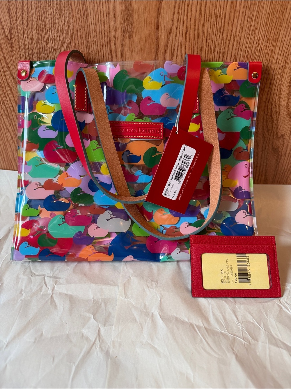 Dooney & Bourke Clear Multicolor Duck-Print Tote with Red Trim